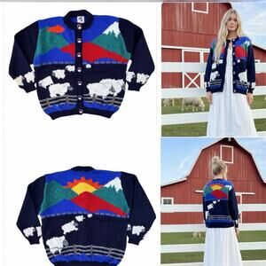 Vintage 80s BONZ Chunky Hand-Knit Australia Pure Wool Sheep Motif Cardigan Large